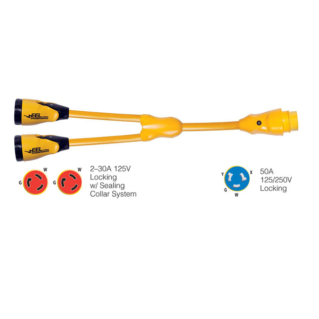 Marinco Y504-2-30 EEL (2)-30A-125V Female to (1)50A-125/250V Male "Y" Adapter - Yellow [Y504-2-30]